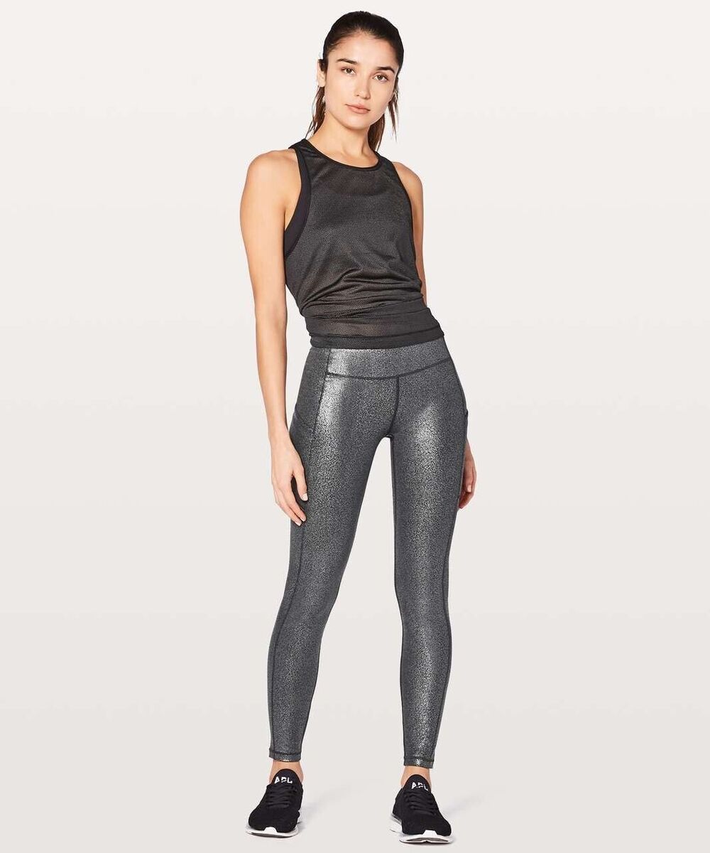 Lululemon Women Leggings Silver Speed Up Metallic Pull On Stretch Sparkle Size 4